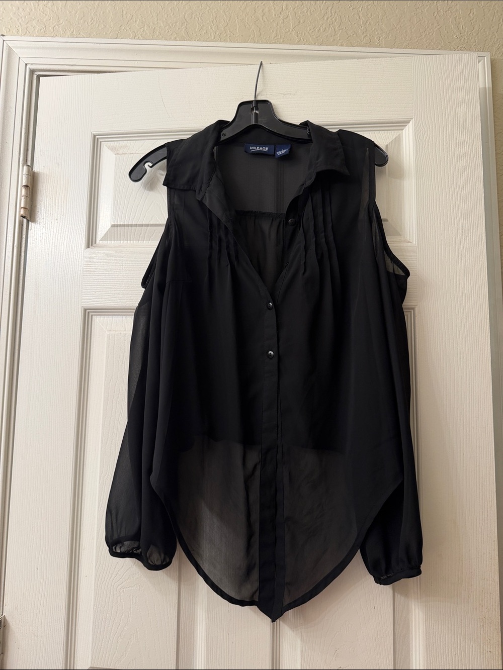 Black Sheer Cold-Shoulder Button-Front Blouse